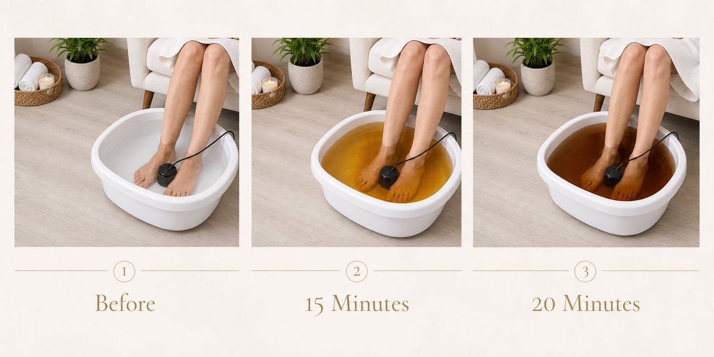Ionic Foot Detox process showing water color change — Before, 15 Minutes, 20 Minutes — at Five Star Colonic Staten Island