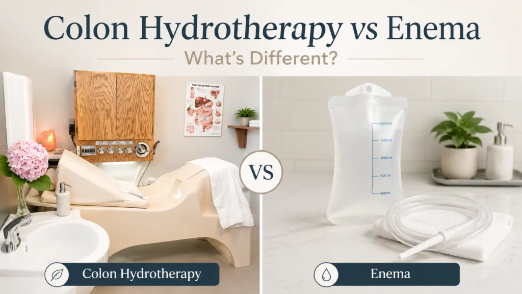 Colon hydrotherapy machine compared with an enema kit showing the difference between colon hydrotherapy and enemas