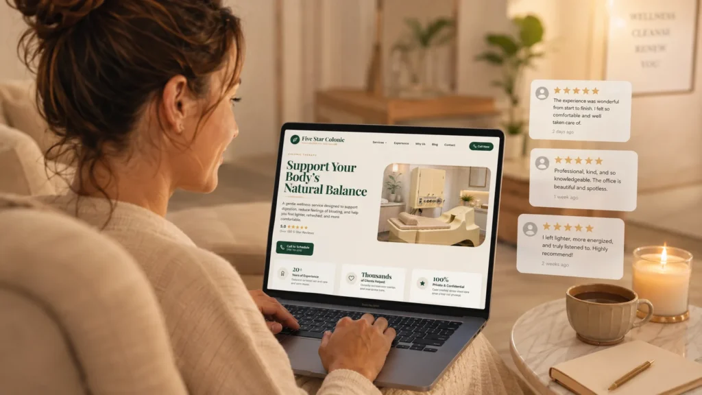 Woman researching Five Star Colonic online and reading client reviews before scheduling a colon hydrotherapy appointment.